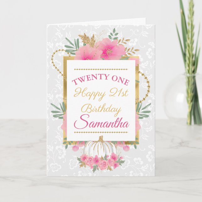 Pink Pumpkin Flowers Gold Foil Birthday Card (Front)
