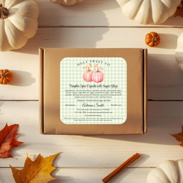 Pink Pumpkin Gingham Bakery Cottage Food  Square Sticker (Pink Pumpkin and green gingham Cottage Law Bakery Sticker)