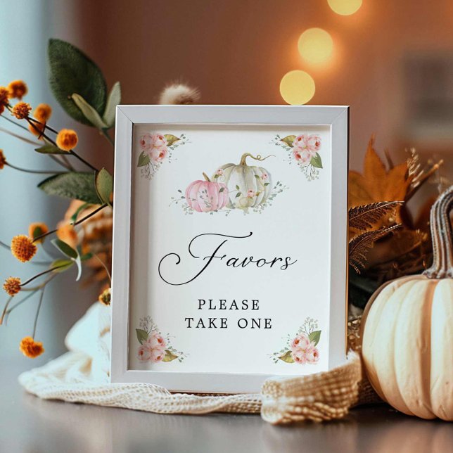 Pink Pumpkin Girl Baby Shower Favours Sign (Favors Sign Little Pumpkin Girl Baby Shower)