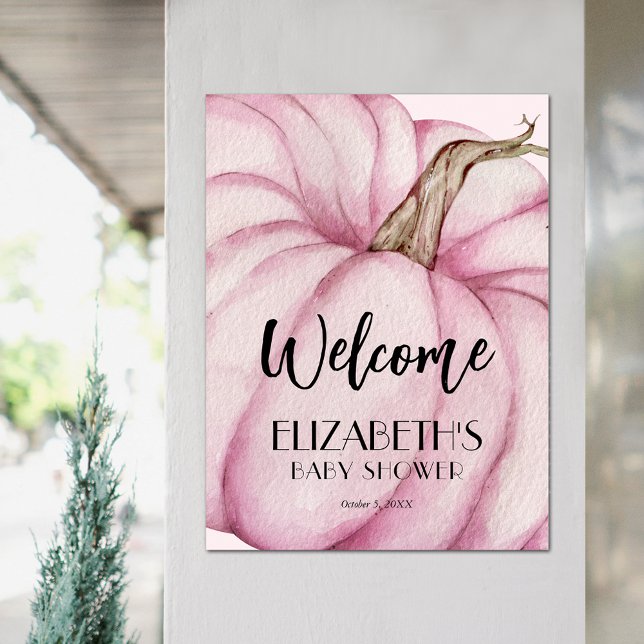 Pink Pumpkin Girl Baby Shower Welcome Poster (Pink Pumpkin Girl Baby Shower Welcome Sign Poster)