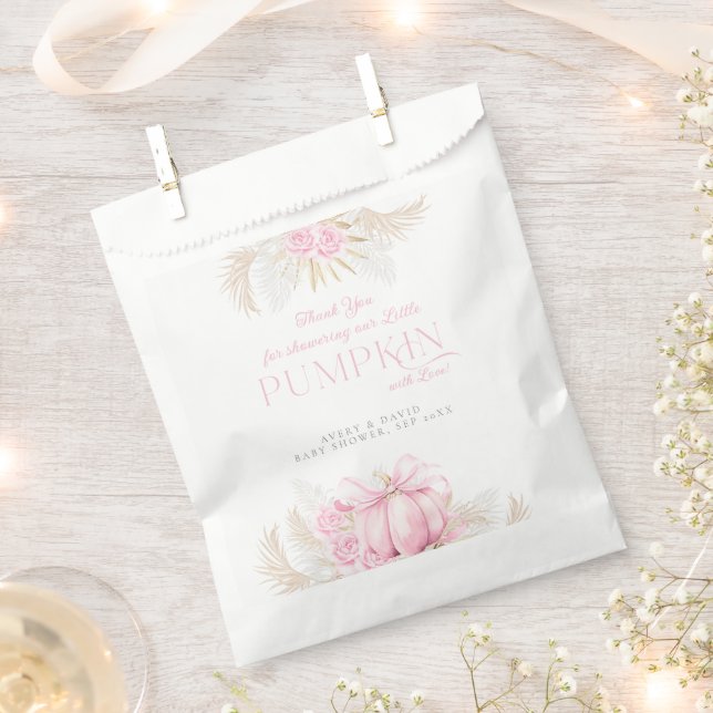 Pink Pumpkin Girl Floral Bow Baby Shower  Favour Bags (Clipped)