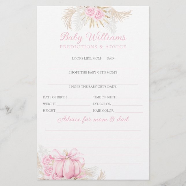 Pink Pumpkin Girl Floral Bow Baby Shower Game (Front)