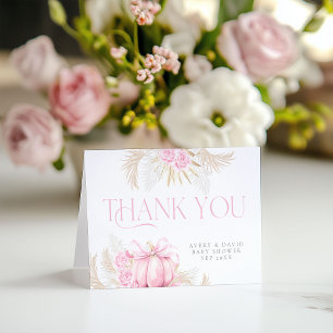 Pink Pumpkin Girl Floral Bow Baby Shower Thank You Card