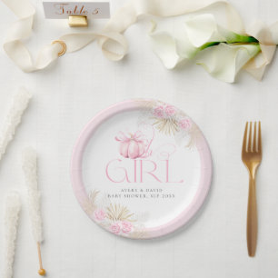 Pink Pumpkin Girl Floral Bow Baby Shower Welcome Paper Plate