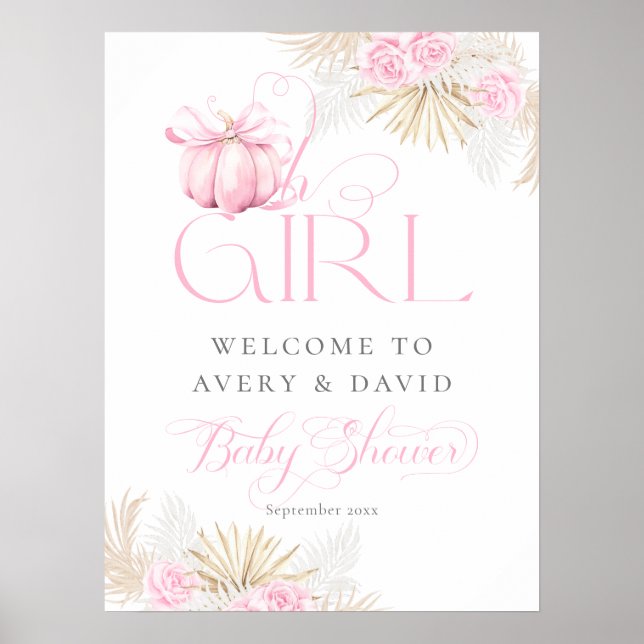 Pink Pumpkin Girl Floral Bow Baby Shower Welcome Poster (Front)