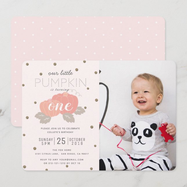 Pink Pumpkin Girl Photo First Birthday Invitation (Front/Back)