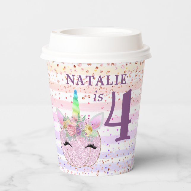 Pink Pumpkin Glitter Unicorn Fourth Birthday Paper Cups (Back)