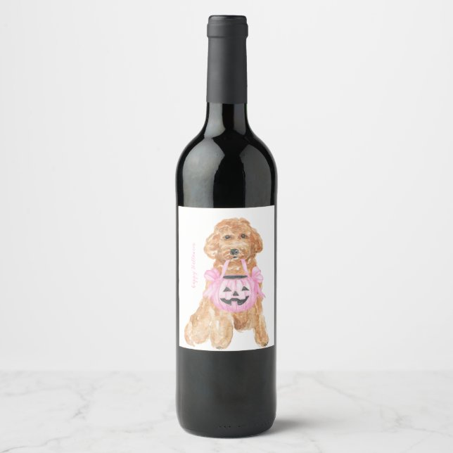 Pink Pumpkin Halloween Dog Wine Label (Front)