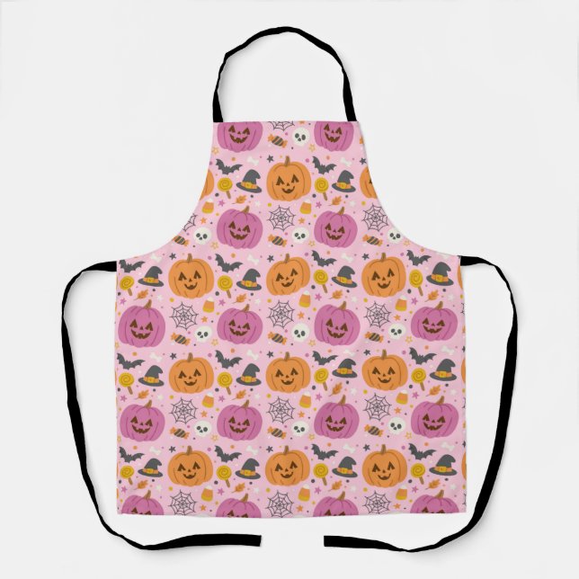 Pink Pumpkin Halloween Pattern Apron (Front)