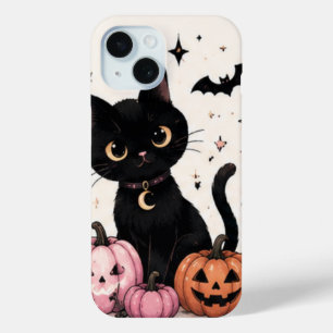 Pink Pumpkin Moon Collar Black Cat iPhone 15 Case