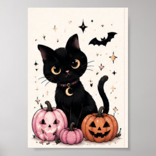 Pink Pumpkin Moon Collar Black Cat Poster