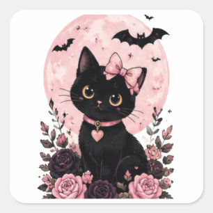 Pink Pumpkin Moon Collar Black Cat Square Sticker