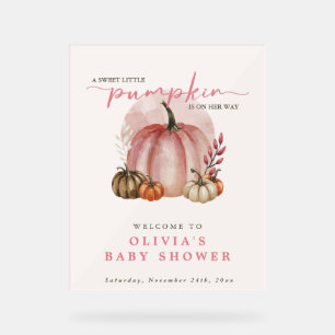 Pink Pumpkin On Her Way Girl Baby Shower Welcome Acrylic Sign