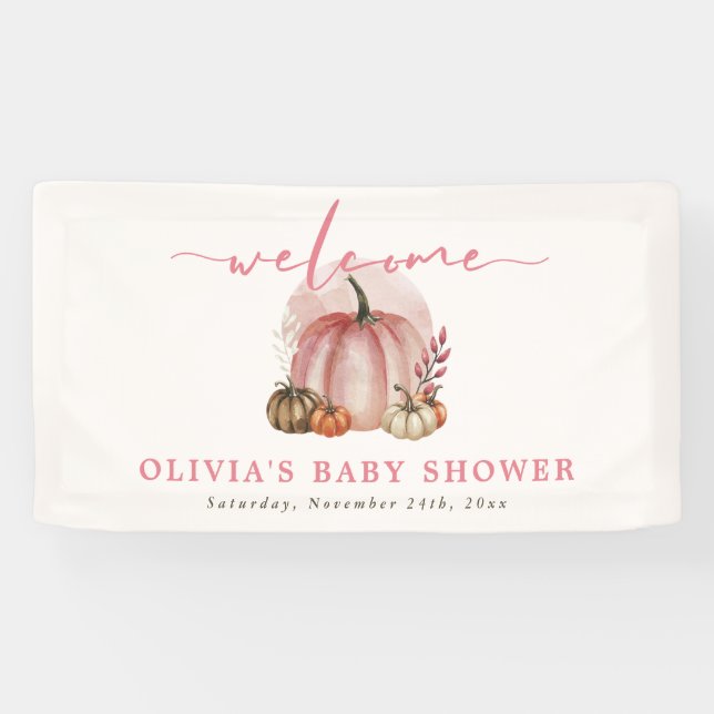Pink Pumpkin On Her Way Girl Baby Shower Welcome Banner (Horizontal)
