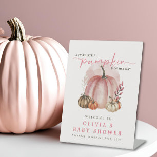 Pink Pumpkin On Her Way Girl Baby Shower Welcome Pedestal Sign