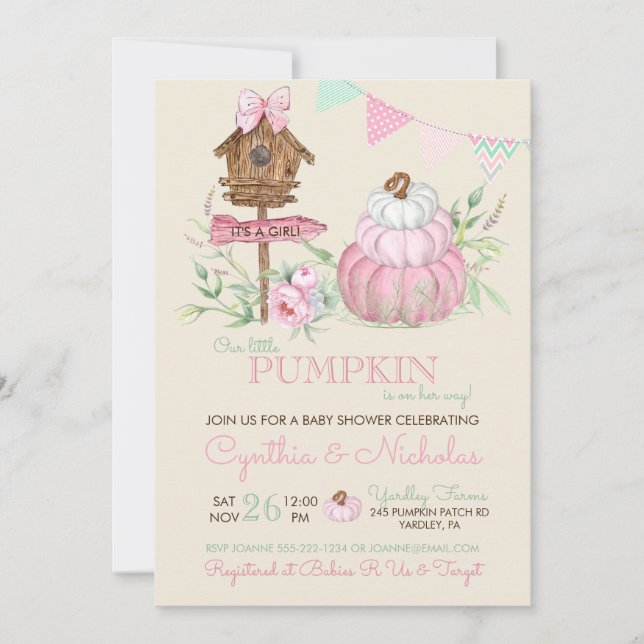 Pink Pumpkin Patch Birdhouse Girl Baby Shower Invitation (Front)