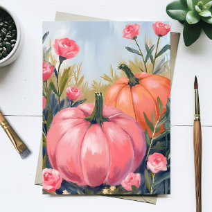 Pink Pumpkin Patch Rose Floral Watercolor Fall Holiday Postcard