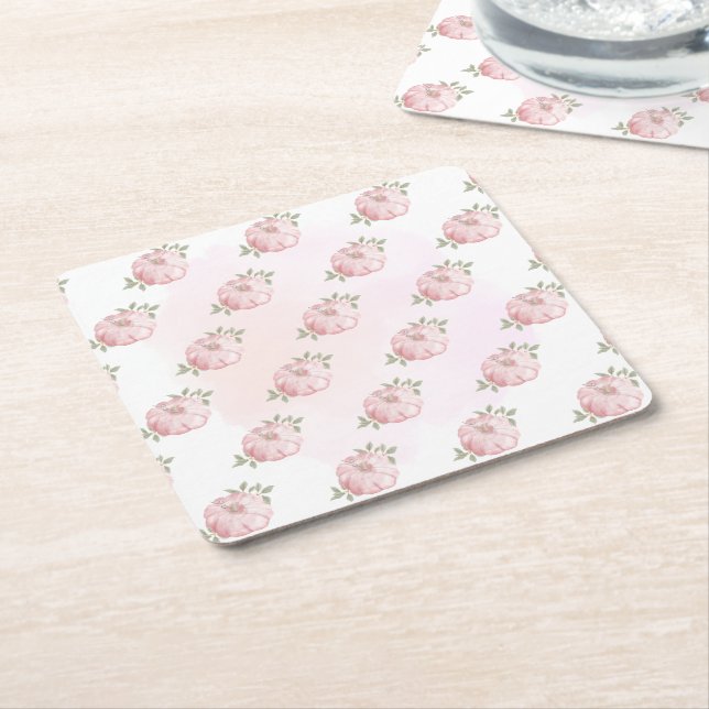 Pink Pumpkin Pattern Autumn Fall on White Square Paper Coaster (Angled)