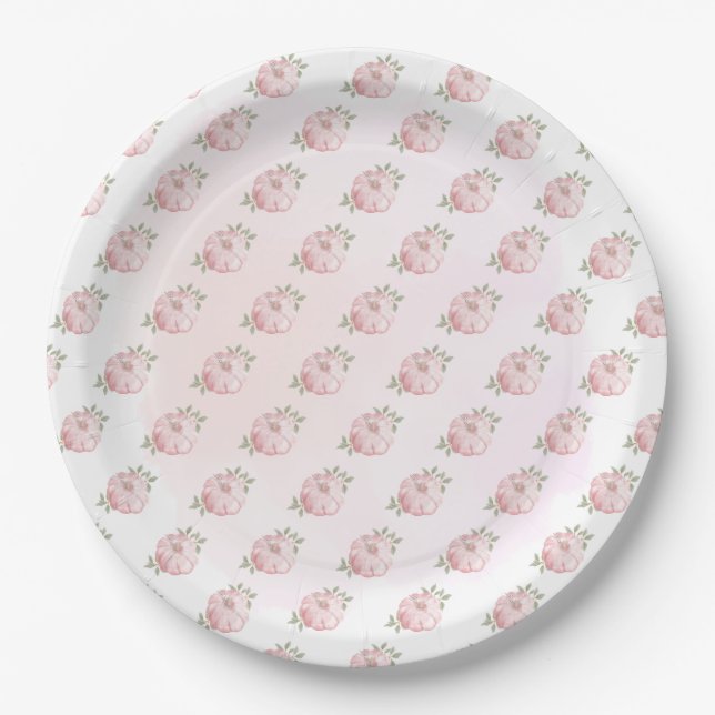 Pink Pumpkin Pattern Autumn on White Paper Plate (Front)