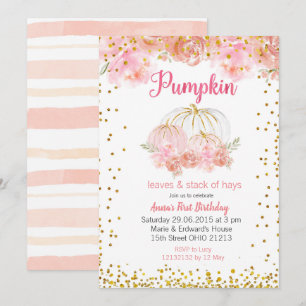 Pink pumpkin Pink gold Pumpkin 1st Birthday Invitation