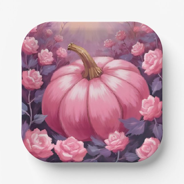 Pink Pumpkin Rose Floral Halloween Thanksgiving Paper Plate (Front)