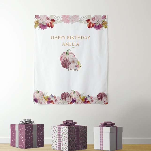Pink Pumpkin Rustic Floral Girls Birthday Tapestry (Baby shower or birthday party backdrop with pink autumn pumpkins)