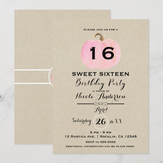 Pink Pumpkin Rustic Kraft Sweet 16 Birthday Party Invitation (Front/Back)