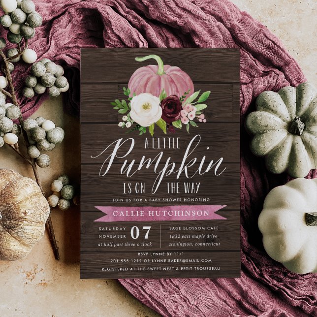 Pink Pumpkin Rustic Wood Baby Shower Invitation (Creator Uploaded)