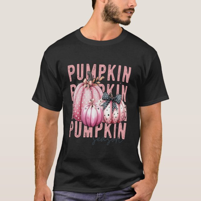 Pink Pumpkin Season Polka Dot Bow Coquette Autumn  T-Shirt (Front)