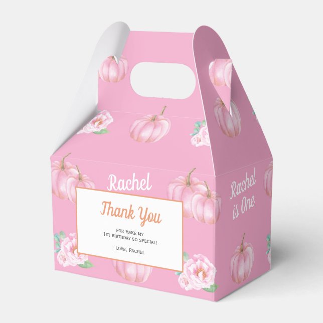 Pink Pumpkin themed birthday party Favour Box (Front Side)