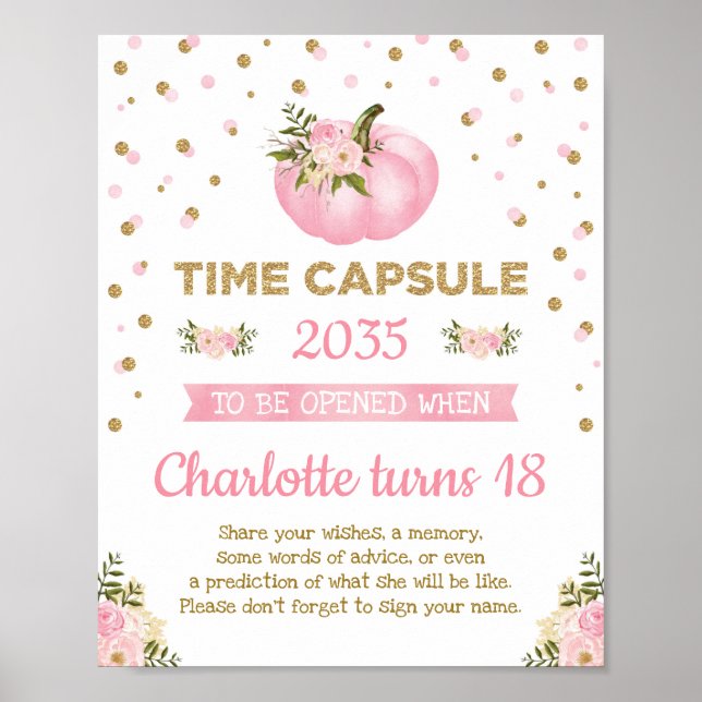 Pink Pumpkin Time Capsule Floral First Birthday Poster (Front)