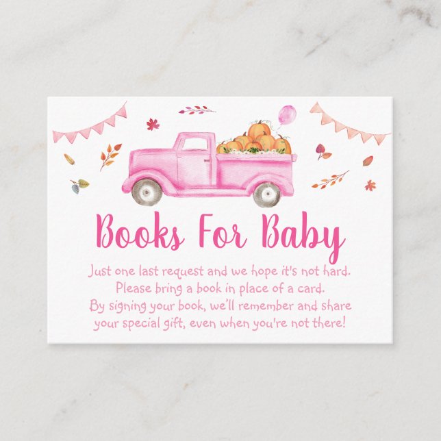 Pink Pumpkin Truck Baby Shower Book Request Enclosure Card (Front)