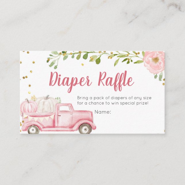 Pink Pumpkin Truck Baby Shower Diaper Raffle Card (Front)