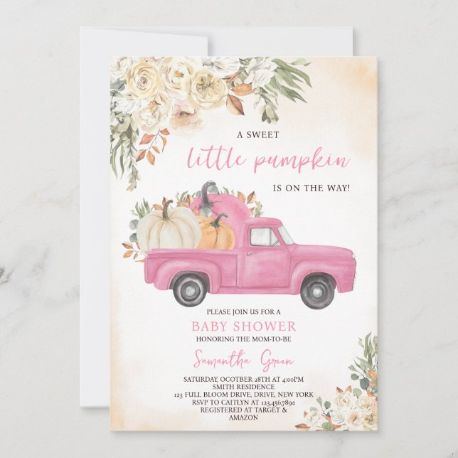 Pink Pumpkin Truck Baby Shower Invitation (Front)