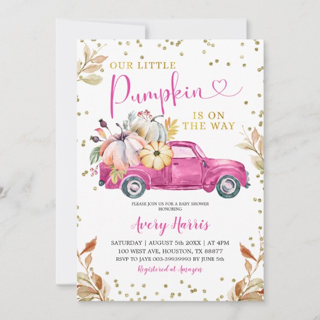 Pink Pumpkin Truck Baby Shower Invitation (Front)