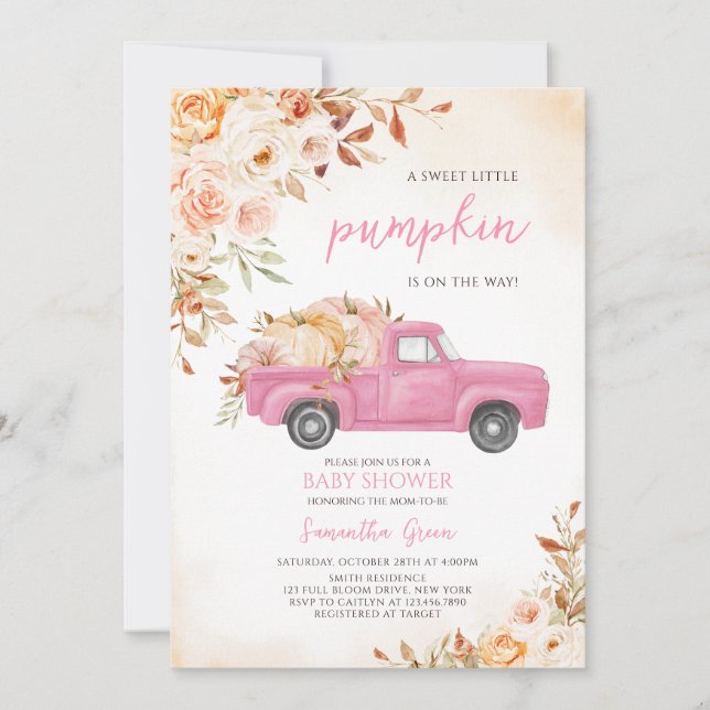 Pink Pumpkin Truck Baby Shower Invitation (Front)