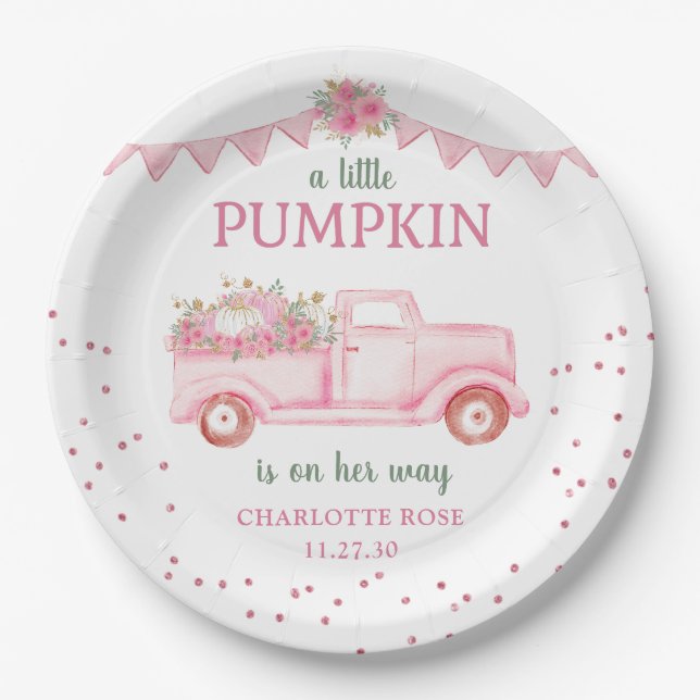 Pink Pumpkin Truck Baby Shower Paper Plate (Front)