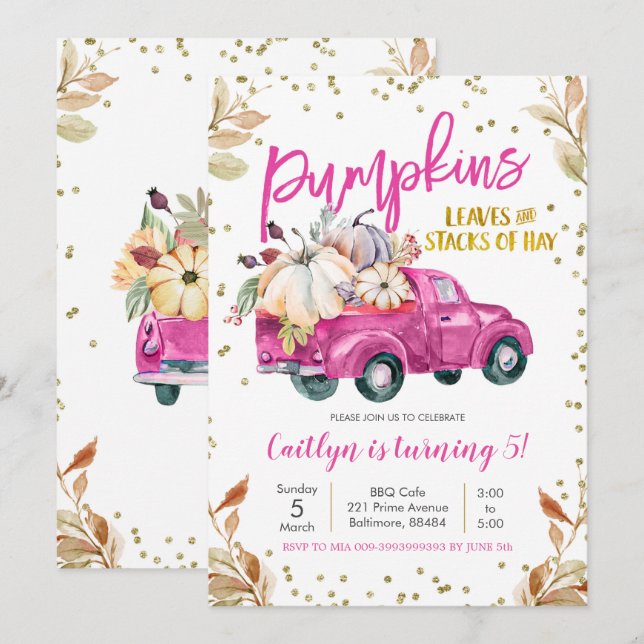 Pink Pumpkin Truck Birthday Invitation (Front/Back)