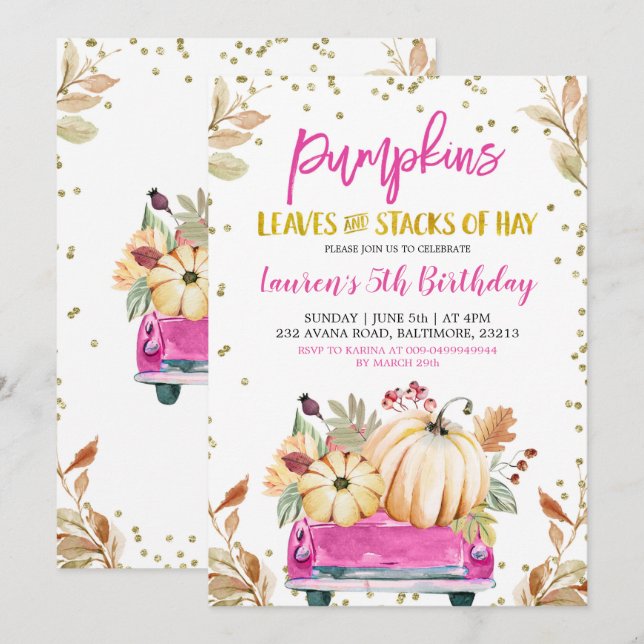 Pink Pumpkin Truck Birthday Invitation (Front/Back)