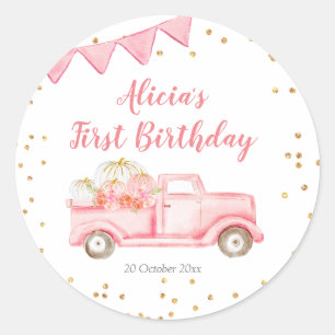 Pink Pumpkin Truck Birthday Sticker Label