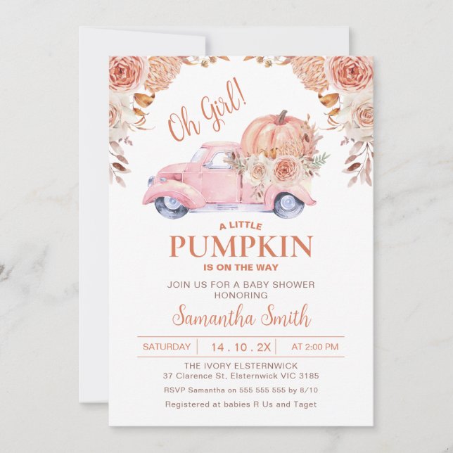 Pink Pumpkin Truck Boho Autumn Floral Baby Shower Invitation (Front)