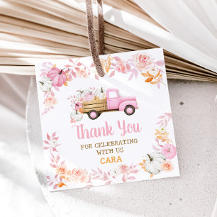Pink Pumpkin Truck Fall Birthday Square Favour Tags