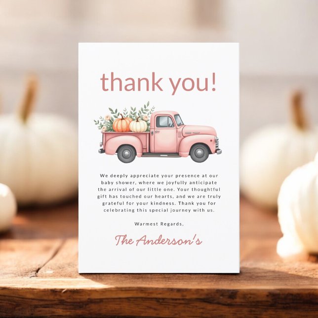 Pink Pumpkin Truck Floral Baby Girl Shower Thank You Card (Creator Uploaded)