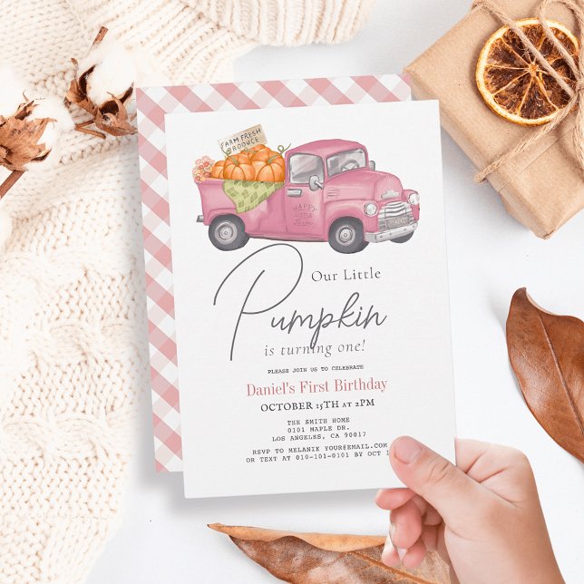 Pink Pumpkin Truck Gingham Girl 1st Birthday Invitation (Creator Uploaded)