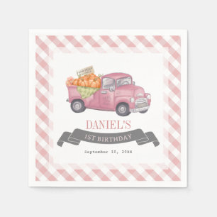 Pink Pumpkin Truck Gingham Girl 1st Birthday Napkin