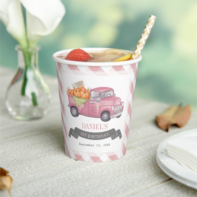 Pink Pumpkin Truck Gingham Girl 1st Birthday Paper Cups (Insitu)