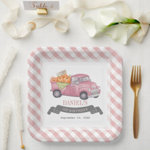 Pink Pumpkin Truck Gingham Girl 1st Birthday Paper Plate