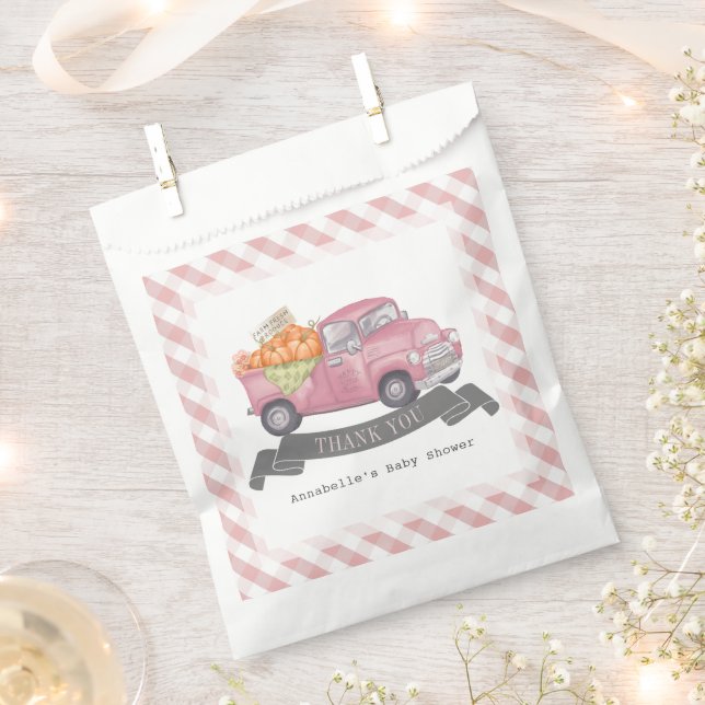 Pink Pumpkin Truck Gingham Girl Baby Shower Favour Bags (Clipped)