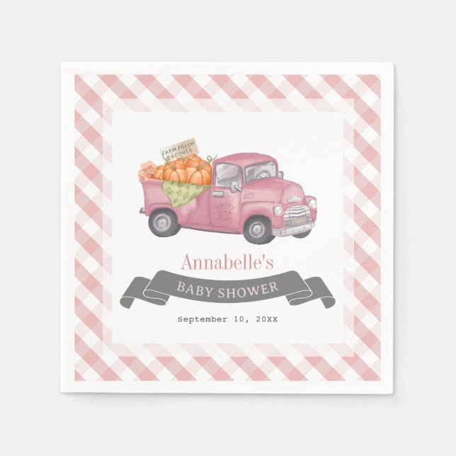 Pink Pumpkin Truck Gingham Girl Baby Shower Napkin (Front)