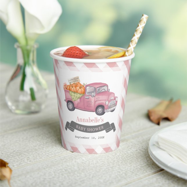 Pink Pumpkin Truck Gingham Girl Baby Shower Paper Cups (Insitu)